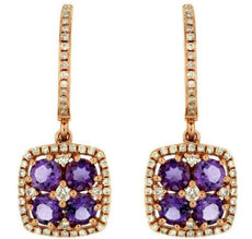 1.68CT DIAMOND & AAA AMETHYST 14KT ROSE GOLD SQUARE LEVERBACK HANGING EARRINGS