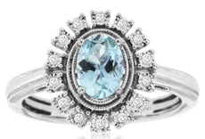 .75CT DIAMOND & AAA AQUAMARINE 14KT WHITE GOLD 3D OVAL & ROUND FLOWER FUN RING