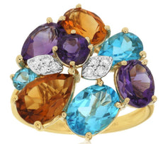 6.10CT DIAMOND & AAA MULTI GEM 14KT YELLOW GOLD 3D MULTI SHAPE CLUSTER FUN RING