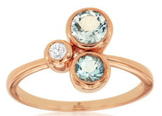 .75CT DIAMOND & AAA AQUAMARINE 14KT ROSE GOLD 3D 3 STONE BEZEL ETOILE FUN RING