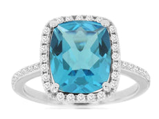 5.1CT DIAMOND & AAA BLUE TOPAZ 14K WHITE GOLD 3D CUSHION SQUARE HALO LOVE RING
