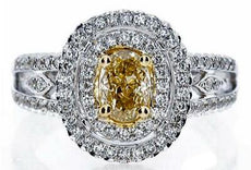 1.29CT WHITE & FANCY YELLOW DIAMOND 18KT 2 TONE GOLD DOUBLE HALO ENGAGEMENT RING