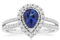 1.27CT DIAMOND & AAA TANZANITE 14K WHITE GOLD 3D PEAR SHAPE HALO ENGAGEMENT RING