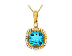 2.78CT DIAMOND & AAA BLUE TOPAZ 14K YELLOW GOLD CUSHION & ROUND FLOATING PENDANT