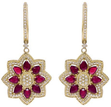3.13CT DIAMOND & AAA RUBY 14KT YELLOW GOLD 3D PEAR SHAPE & ROUND FLOWER EARRINGS