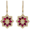 3.13CT DIAMOND & AAA RUBY 14KT YELLOW GOLD 3D PEAR SHAPE & ROUND FLOWER EARRINGS