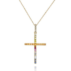 .39CT DIAMOND & AAA MULTI COLOR SAPPHIRE 14KT YELLOW GOLD CROSS FLOATING PENDANT