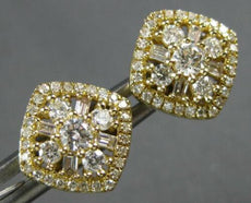 1.20CT DIAMOND 14KT YELLOW GOLD 3D ROUND & BAGUETTE FLOWER SQUARE STUD EARRINGS