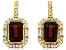 1.76CT DIAMOND & AAA GARNET 14K YELLOW GOLD EMERALD CUT & ROUND HANGING EARRINGS