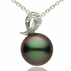 ESTATE .03CT DIAMOND & AAA TAHITIAN PEARL 14KT WHITE GOLD 3D HORSESHOE PENDANT