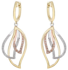 ESTATE .35CT DIAMOND 14KT TRI COLOR GOLD MULTI LEAF HUGGIE FUN HANGING EARRINGS