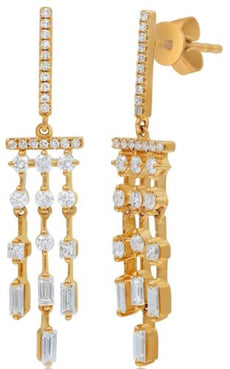.74CT DIAMOND 14KT ROSE GOLD ROUND PEAR SHAPE & BAGUETTE 3 ROW HANGING EARRINGS