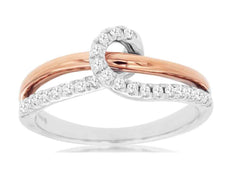 .25CT DIAMOND 14KT WHITE & ROSE GOLD 3D CLASSIC CRISS CROSS LOVE KNOT FUN RING