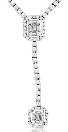 2.65CT DIAMOND 14KT WHITE GOLD 3D ROUND & BAGUETTE DOUBLE SQUARE LARIAT NECKLACE