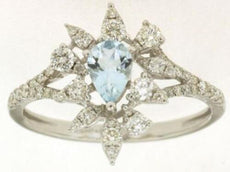 .77CT DIAMOND & AAA AQUAMARINE 14K WHITE GOLD PEAR SHAPE & ROUND FLOWER FUN RING