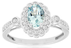 1.01CT DIAMOND & AAA AQUAMARINE 14KT WHITE GOLD 3D OVAL & ROUND ENGAGEMENT RING