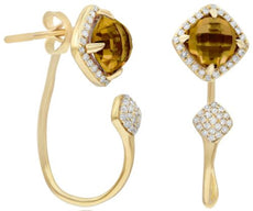 2.35CT DIAMOND & AAA CITRINE 14K YELLOW GOLD 3D CUSHION & ROUND HANGING EARRINGS