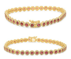 3.78CT DIAMOND & AAA RUBY 14KT YELLOW GOLD MULTI FLORAL ETERNITY TENNIS BRACELET