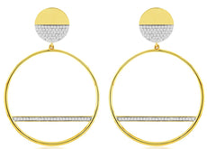 LARGE .43CT DIAMOND 14KT YELLOW GOLD 3D OPEN CIRCULAR BAR FUN HANGING EARRINGS