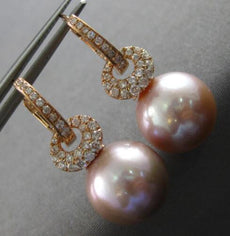 LARGE .57CT DIAMOND & AAA PINK SOUTH SEA PEARL 18K ROSE GOLD 3D HANGING EARRINGS