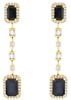 2.47CT DIAMOND & AAA SAPPHIRE 14KT YELLOW GOLD 3D BAGUETTE & ROUND FUN EARRINGS