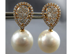 ESTATE LARGE 1.40CT DIAMOND & AAA SOUTH SEA PEARL 18K ROSE GOLD HALO TEAR DROP EARRINGS