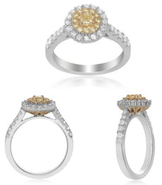 .86CT WHITE & FANCY YELLOW DIAMOND 18KT TWO TONE GOLD 3D ROUND & CUSHION RING