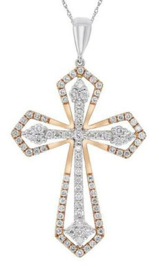 1.09CT DIAMOND 18K WHITE & ROSE GOLD CLASSIC ROUND DOUBLE CROSS FLOATING PENDANT