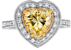3.0CT WHITE & FANCY YELLOW DIAMOND 18K 2 TONE GOLD HEART SHAPE & ROUND HALO RING