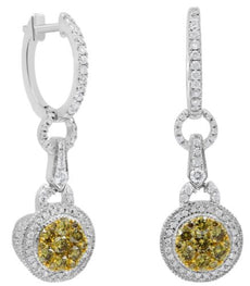 .96CT WHITE & FANCY YELLOW DIAMOND 18K 2 TONE GOLD 3D LOVE KNOT HANGING EARRINGS