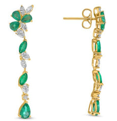 3.29CT DIAMOND & AAA EMERALD 14KT YELLOW GOLD 3D MARQUSIE & PEAR SHAPE EARRINGS