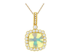 2.07CT DIAMOND & AAA OPAL 14K YELLOW GOLD 3D CUSHION & ROUND SQUARE HALO PENDANT