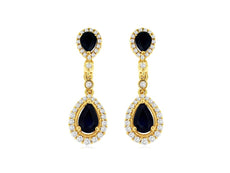 1.75CT DIAMOND & AAA SAPPHIRE 14KT YELLOW GOLD PEAR SHAPE HALO HANGING EARRINGS