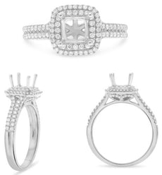 .44CT DIAMOND 14K WHITE GOLD 3D ROUND CLASSIC SQUARE DOUBLE HALO SEMI MOUNT RING