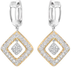 .65CT DIAMOND 14KT 2 TONE GOLD ROUND GEOMETRICAL SQUARE FLORAL HANGING EARRINGS