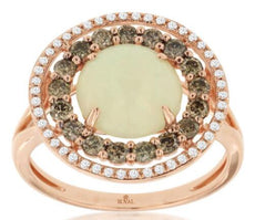 2.5CT WHITE & MOCHA DIAMOND & AAA OPAL 14KT ROSE GOLD ROUND DOUBLE HALO FUN RING
