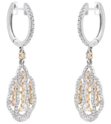ESTATE 1.0CT DIAMOND 18KT 2 TONE GOLD 3D ROUND FLORAL HUGGIE HANGING EARRINGS