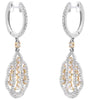 ESTATE 1.0CT DIAMOND 18KT 2 TONE GOLD 3D ROUND FLORAL HUGGIE HANGING EARRINGS