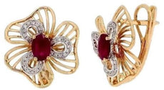 ESTATE 1.36CT DIAMOND & AAA RUBY 14KT YELLOW GOLD 3D FLOWER CLIP ON EARRINGS