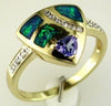 ESTATE .34CT DIAMOND & AAA TANZANITE & OPAL 14KT YELLOW GOLD TRIANGULAR FUN RING