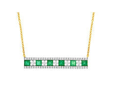 1.40CT DIAMOND & AAA EMERALD 14KT YELLOW GOLD ROUND & PRINCESS BAR LOVE NECKLACE