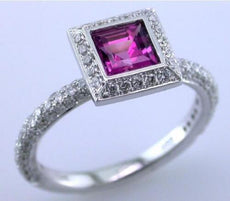 1.42CT DIAMOND & AAA PINK TOURMALINE 18KT WHITE GOLD SQUARE HALO ENGAGEMENT RING