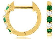 .25CT DIAMOND & AAA EMERALD 14KT YELLOW GOLD 3D 5 STONE HUGGIE HANGING EARRINGS