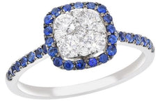 .85CT DIAMOND & AAA SAPPHIRE 18KT WHITE GOLD CLUSTER HALO SQUARE FRIENDSHIP RING