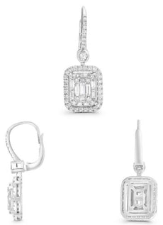 1.64CT DIAMOND 14K WHITE GOLD ROUND & BAGUETTE SQUARE CLUSTER INVISIBLE EARRINGS