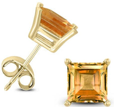2.8CT AAA CITRINE 14KT YELLOW GOLD 3D PRINCESS CLASSIC SOLITAIRE STUD EARRINGS