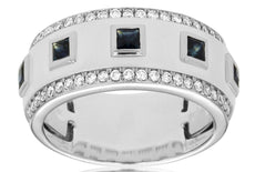 1.15CT DIAMOND & AAA SAPPHIRE 14KT WHITE GOLD PRINCESS & ROUND BEZEL MENS RING