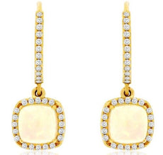 1.45CT DIAMOND & AAA OPAL 14KT YELLOW GOLD SQUARE & ROUND HALO HANGING EARRINGS