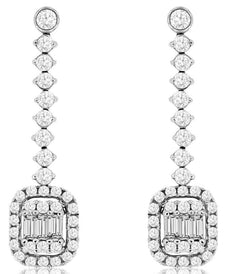 .95CT DIAMOND 14KT WHITE GOLD ROUND & BAGUETTE CLUSTER SQUARE HANGING EARRINGS
