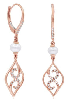 .22CT DIAMOND & AAA SOUTH SEA PEARL 14K ROSE GOLD OPEN FILIGREE HANGING EARRINGS